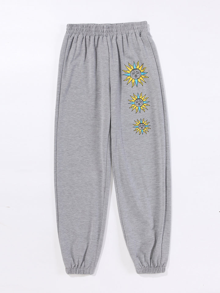 Kvinnenes komfortable joggebukser med trendy solmotiv Skjora