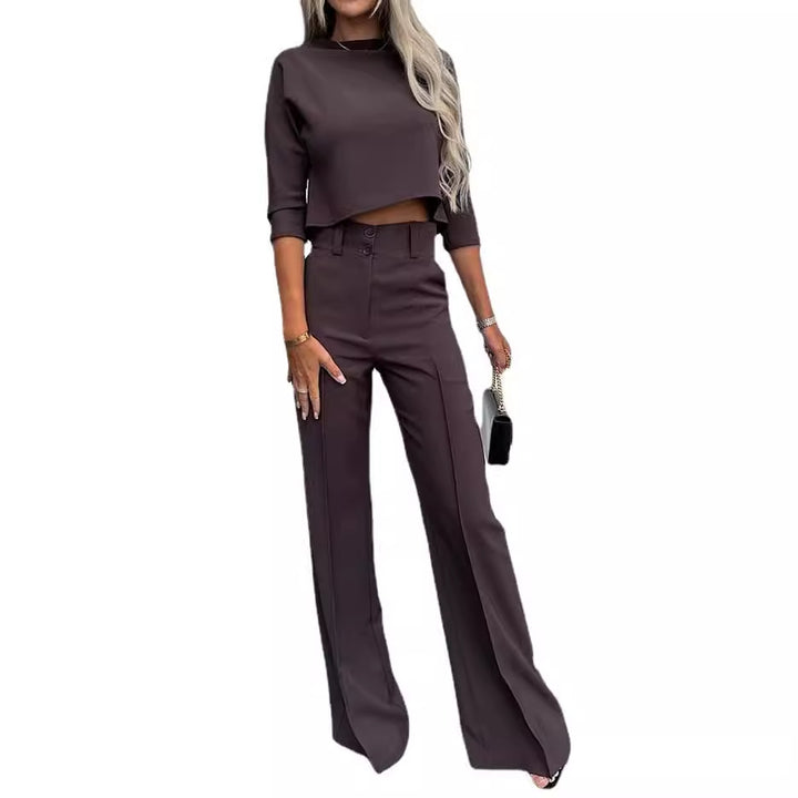 Damer Elegant To-Delt Blazer Sett med Høy Midje Bukser og Moderne Crop Top