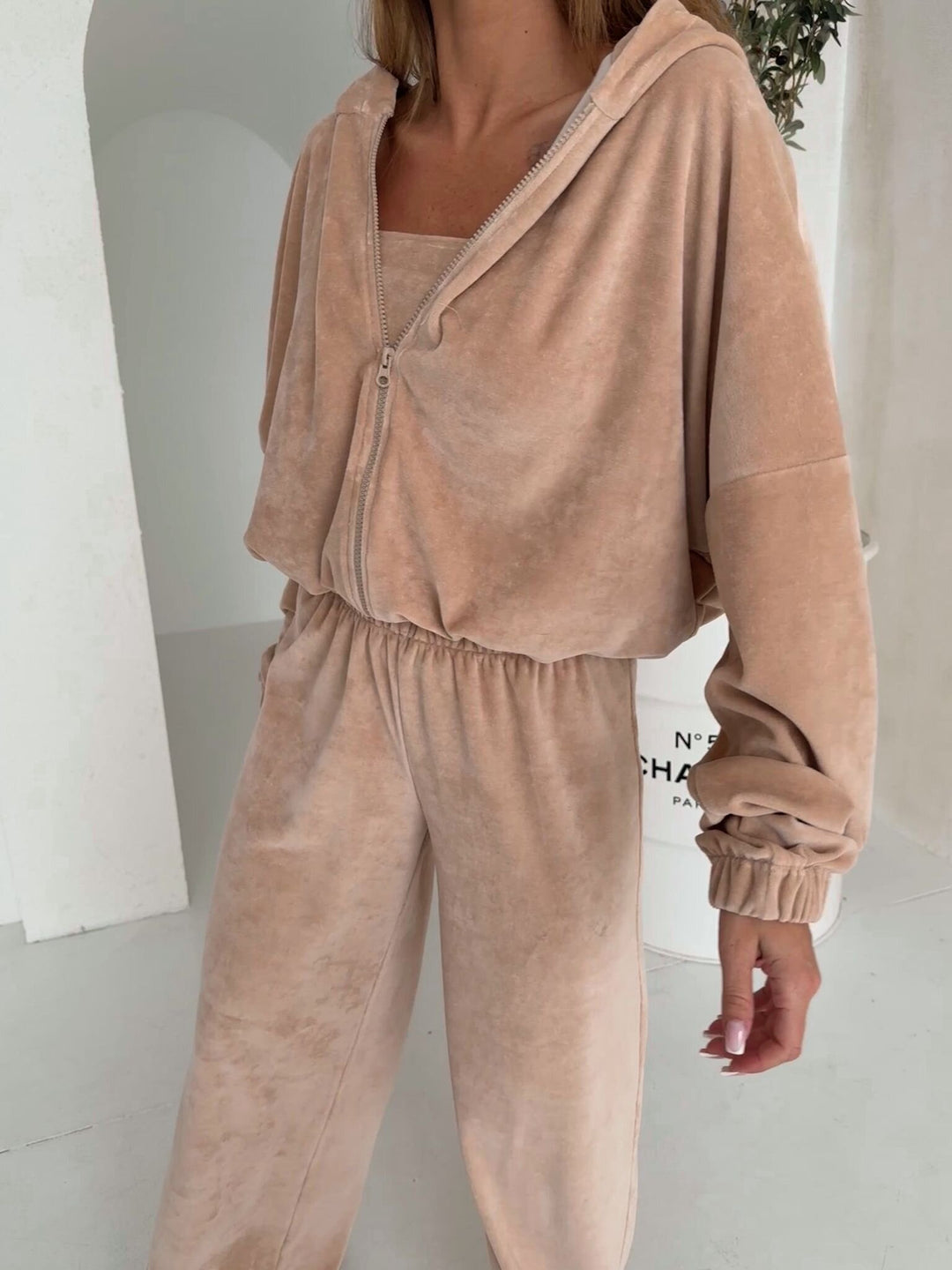 Damer Elegant Fleece Loungewear Set med Løs Topp og Komfortable Bukser Skjora