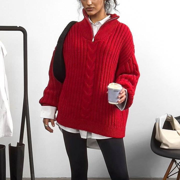Dame chunky strikkegenser med glidelås krage og kabeldesign Skjora