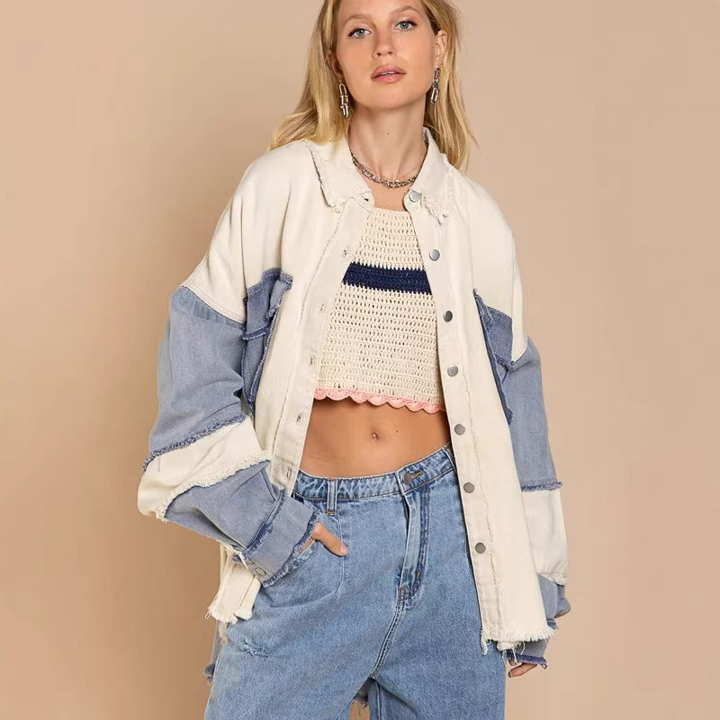 Kvinne Oversized Denim Jakke med Unike Fargeblokker og Fringed Detaljer Skjora