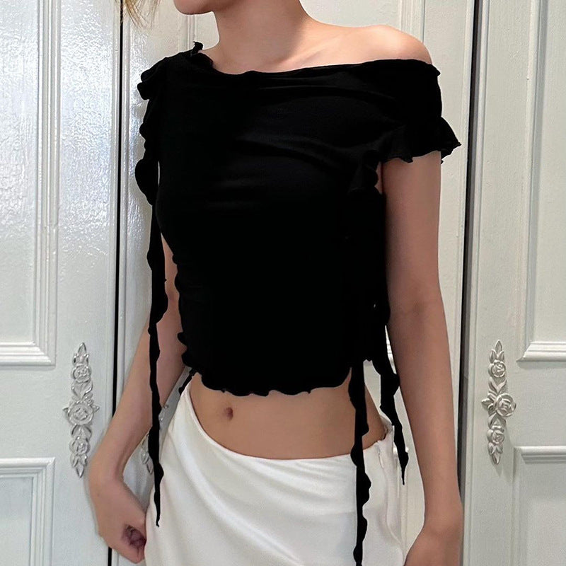 Dame Off-Shoulder Top med volangdetaljer og kroppsnær passform Skjora