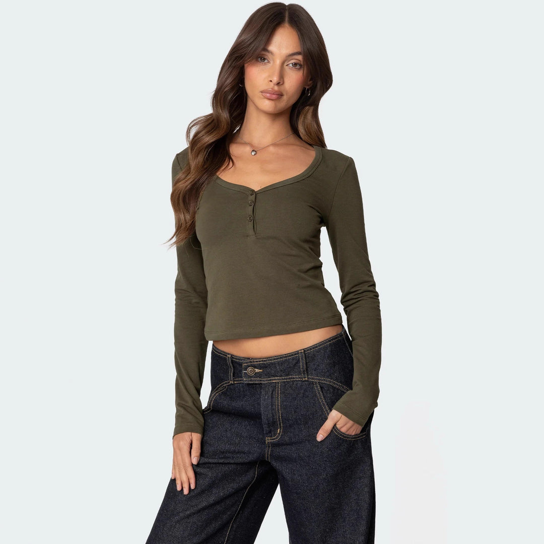 Damen Cropped Langarmhemd mit Knopfleiste und weichem Stoff Skjora
