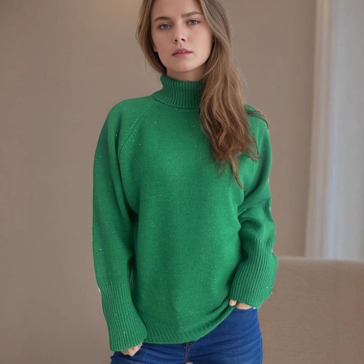 Damer elegant turtleneck genser med teksturert strikkedesign og glitrende aksenter Skjora