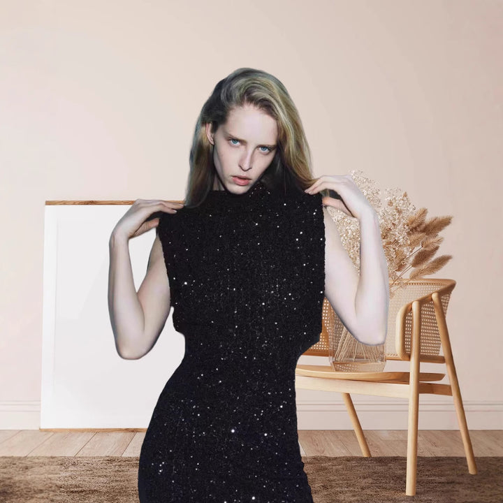 Women's Elegant Cocktail Dress with Shimmering Sequin Design and High Neck Collar