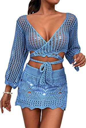 Dame heklet Crop-Top og miniskjørt-sett med elegante knytte-detaljer Skjora