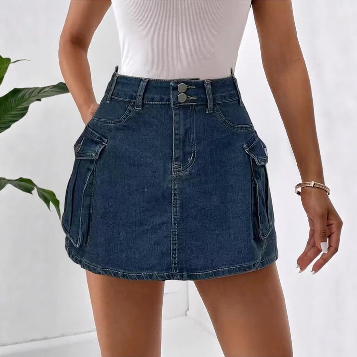 Dame Denim-mini skjørt med påsydd lommer og moderne detaljer Skjora