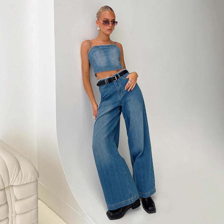 Damer vide denimjeans med høy midje og franse nederkant Skjora
