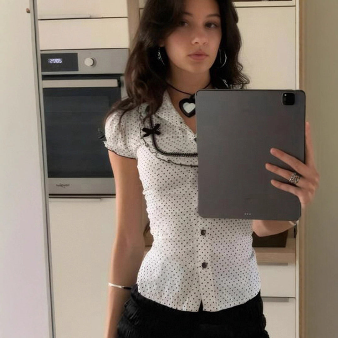 Dame Vintage Prikkete Bluse med Puffermerker Skjora