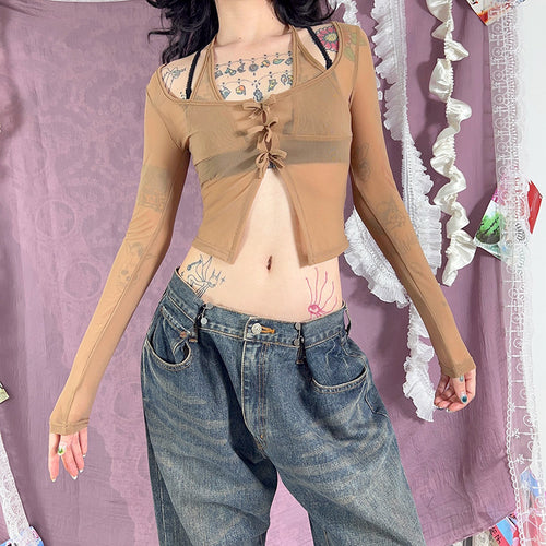 Dame lang Arm Mesh Bluse med justerbart knutedesign Skjora
