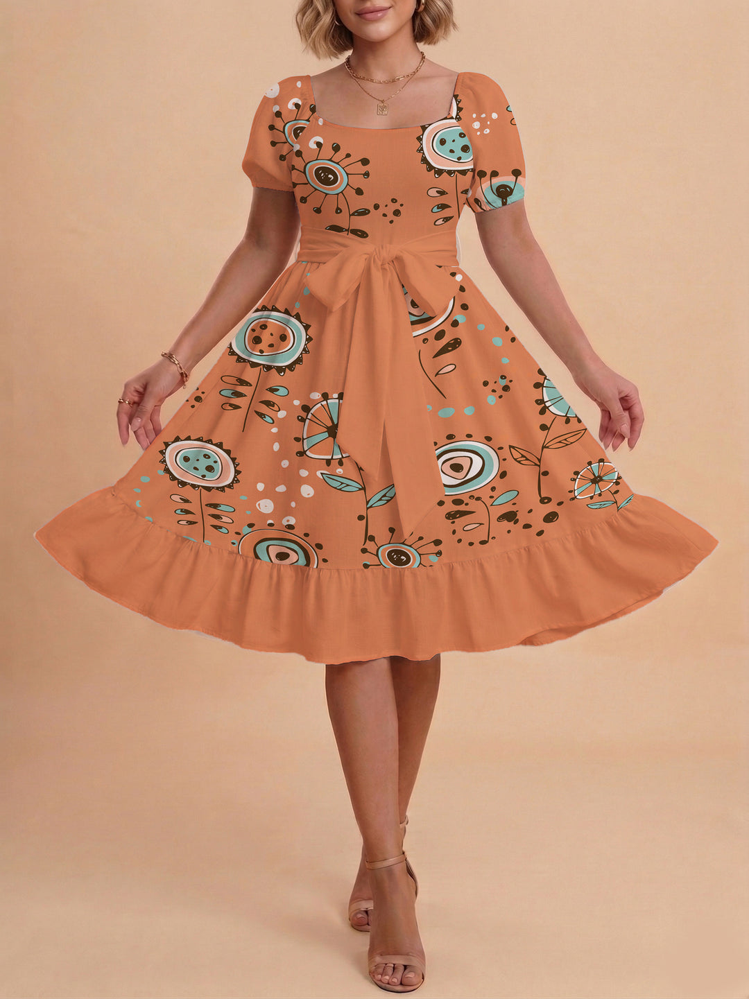 Damen Sommerkleid mit floralem Puffärmel und taillierbarem Gürtel Skjora