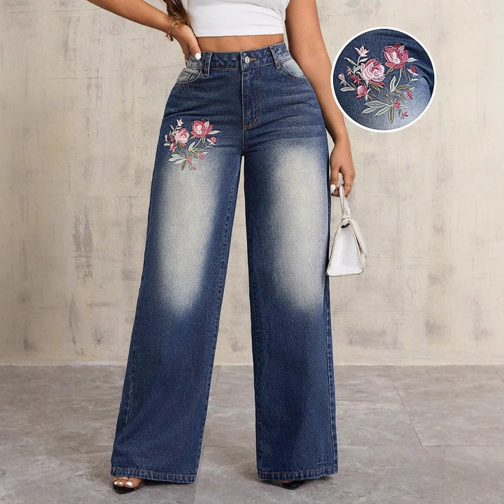 Kvinne bred denim jeans med blomsterbroderi Skjora