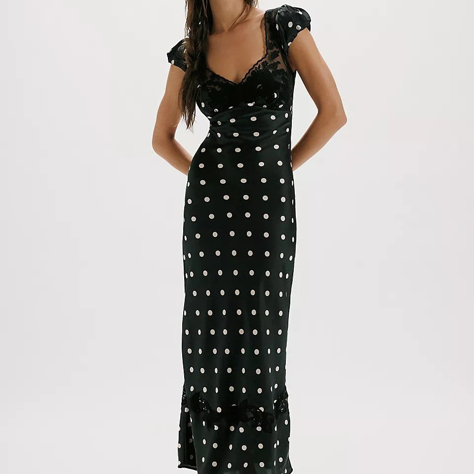 Damen Elegantes Maxikleid mit Polka-Dots und romantischem Rückenausschnitt Skjora