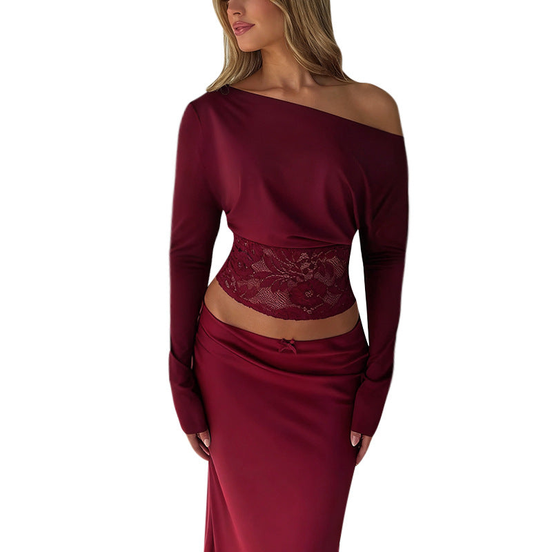 Dame elegant Crop-Top med blonder og lange ermer Skjora