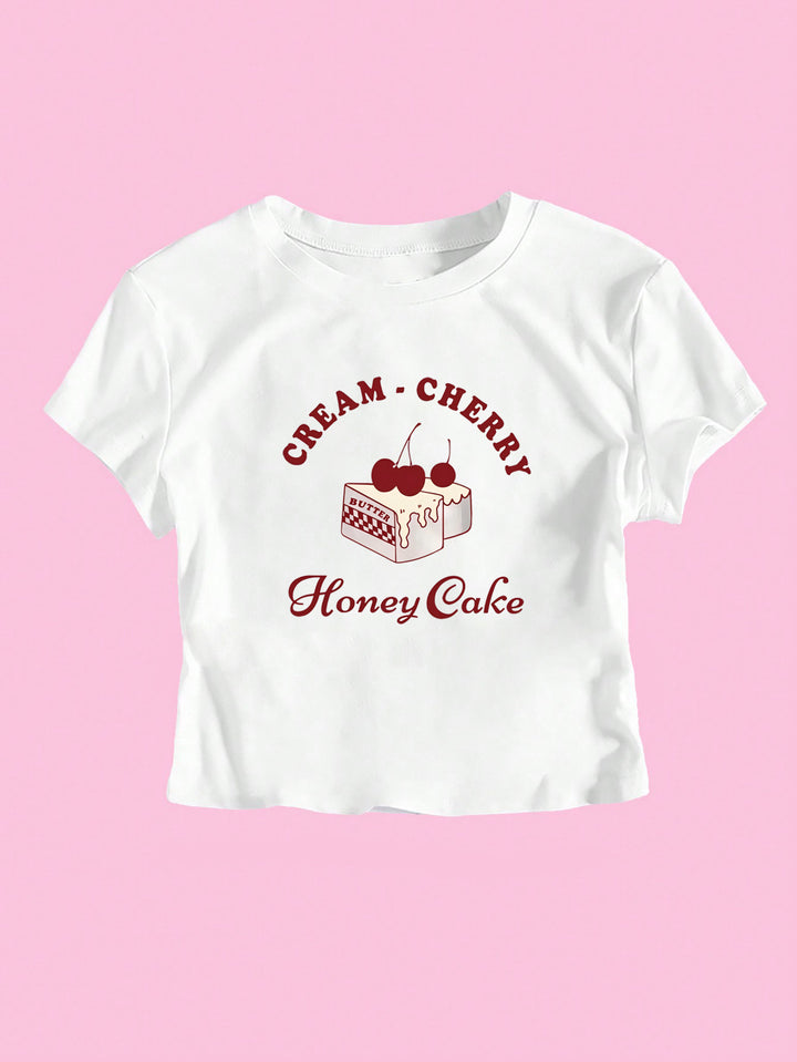 Dame Crop-T-skjorte med kreativ dessertmotiv og moderne snitt Skjora