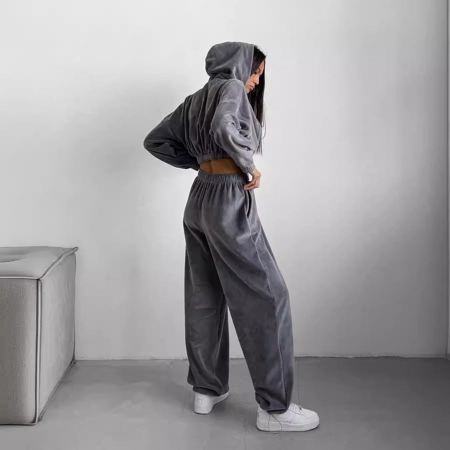 Kvinneløs behagelig fleece treningsdress med høyhals topp og elastisk midjebånd Skjora