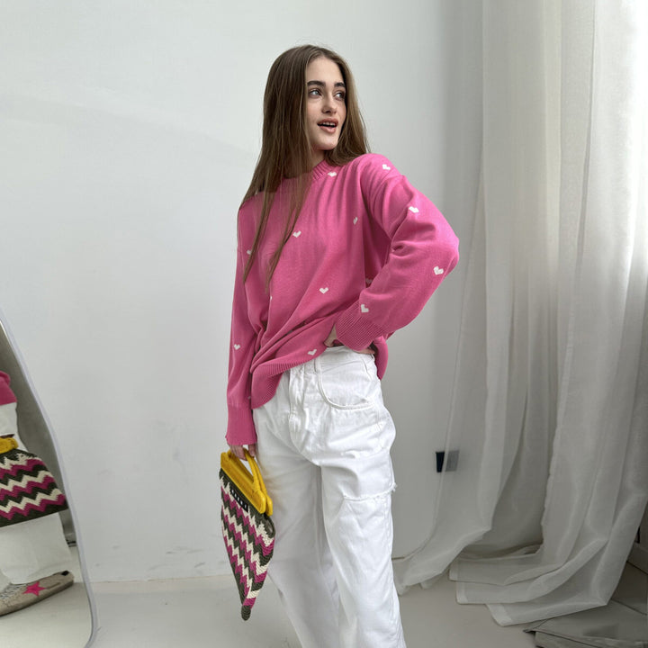 Damer koselig oversized genser med hjerte mønster Skjora