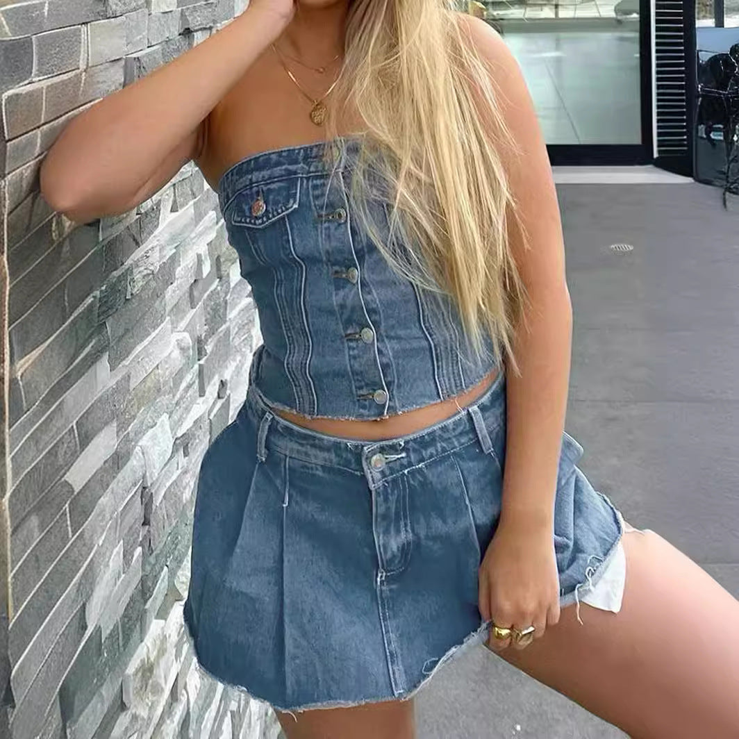 Dame Denim Crop Top med strikket overtrukket Skjora