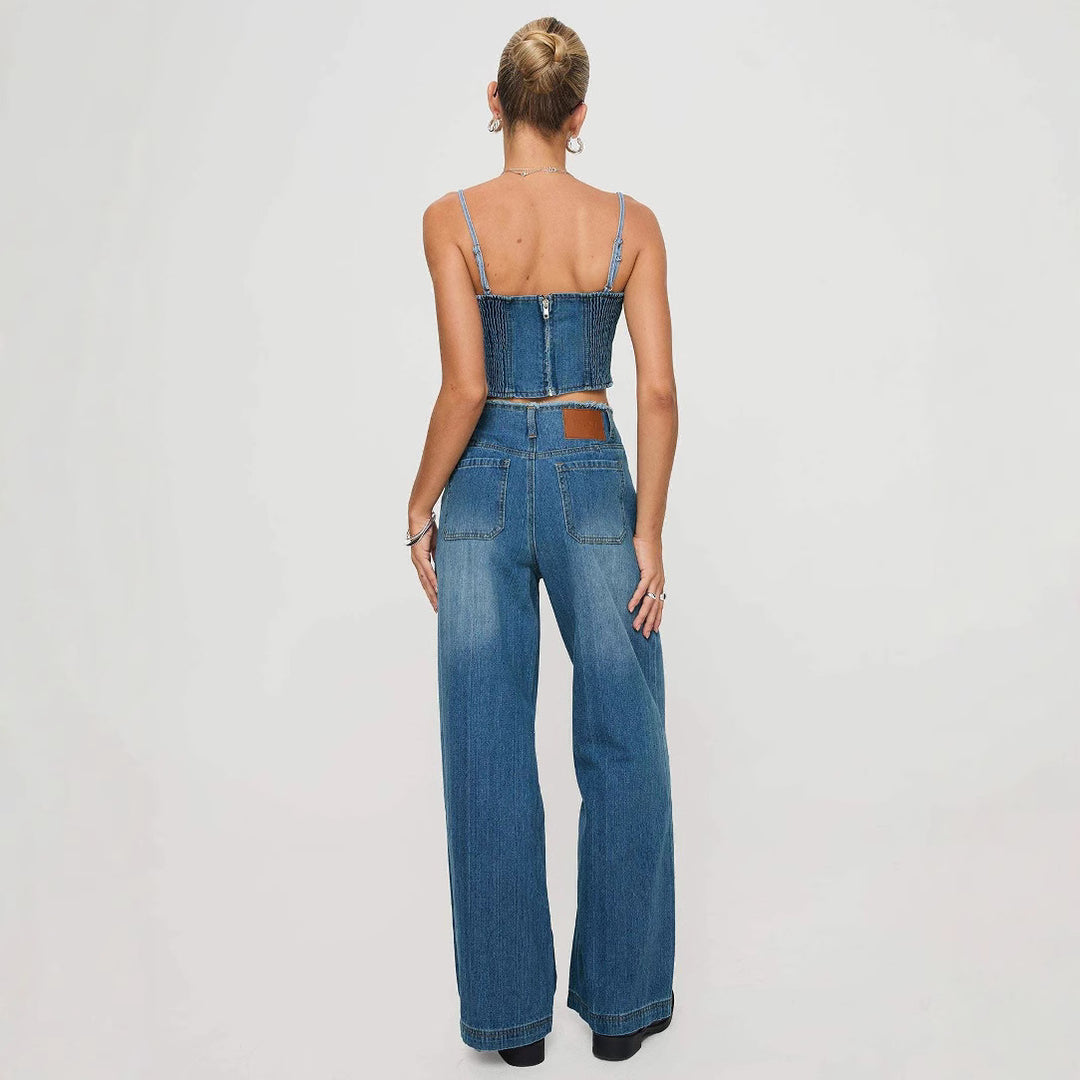 Damer vide denimjeans med høy midje og franse nederkant Skjora