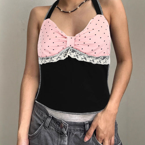Dame halter top med romantisk spissdetalj og elegant polka prikk mønster Skjora