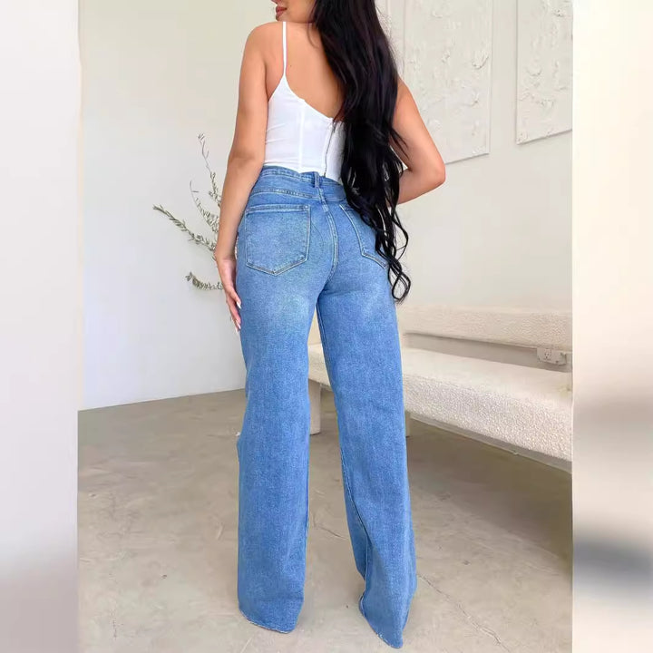 Kvinners vide jeans med slitte detaljer og høy livlinje Skjora