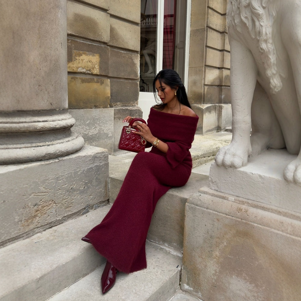 Damer Elegant Strikk Maxi Kjole med Off-Shoulder Design og Lange Ermer Skjora