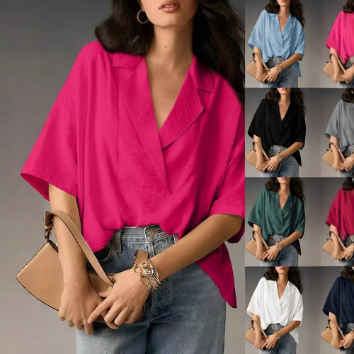 Damer løse oversized bluse med elegant krage og V-hals Skjora