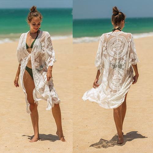 Dame elegant heklet strandtunika med florale detaljer Skjora