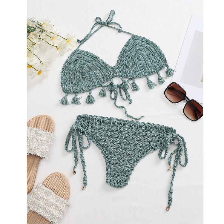 Damen Häkel-Bikini-Set mit fransigen Akzenten und verstellbaren Trägern Skjora