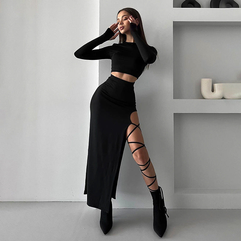 Women's Elegant Long-Sleeved High-Waisted Top with Side Slit Cut-out Skirt