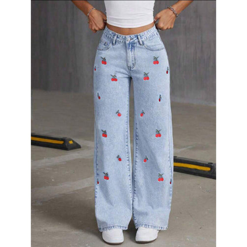 Damer Løst kuttet jeans i fruktaktig broderidesign Skjora
