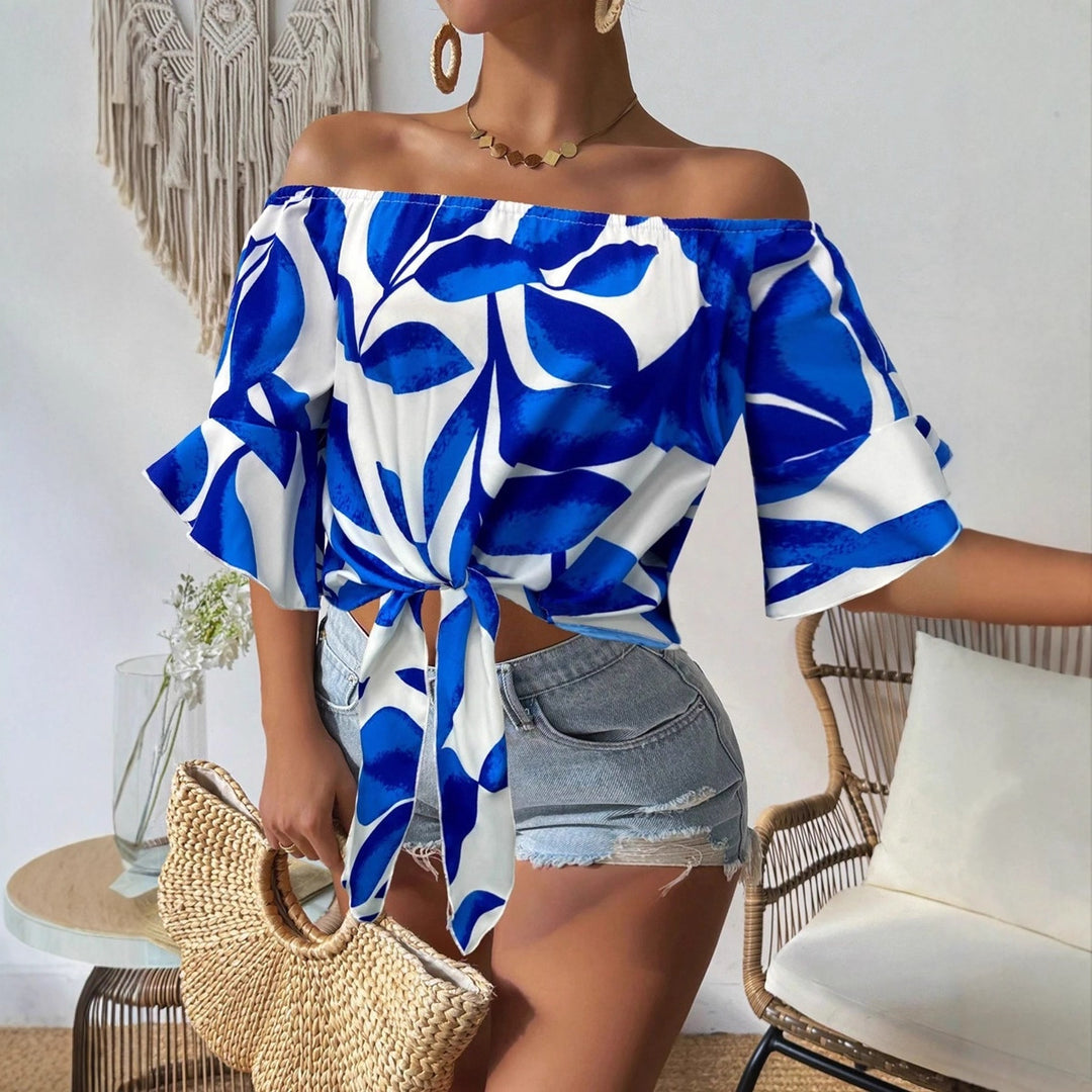 Dame Off-Shoulder Bluse med floralt mønster og justerbar knute Skjora