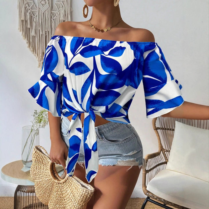 Dame Off-Shoulder Bluse med floralt mønster og justerbar knute Skjora