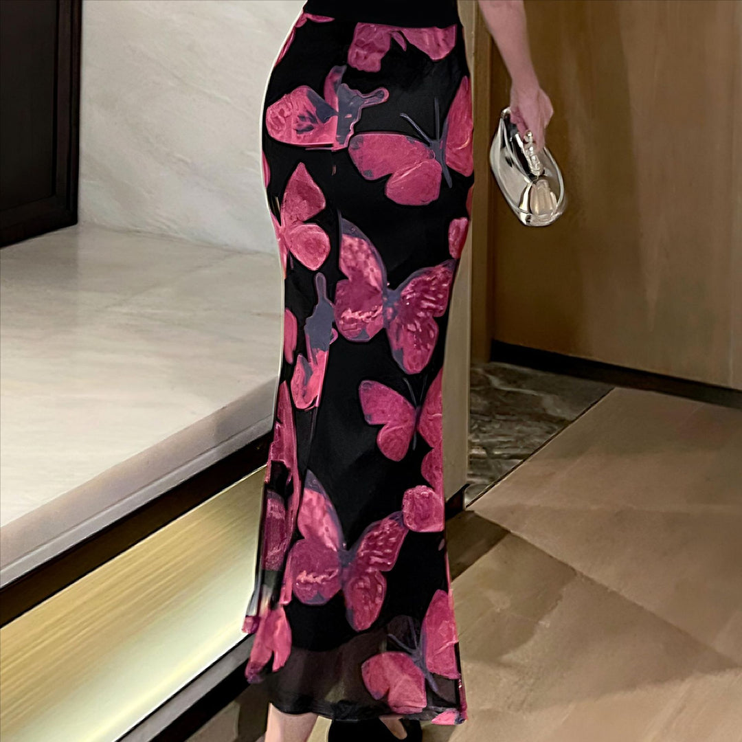 Dame Elegant Maxi Kjole med Blomster Sommerfuglmønster og Gjennomsiktig Nederkant