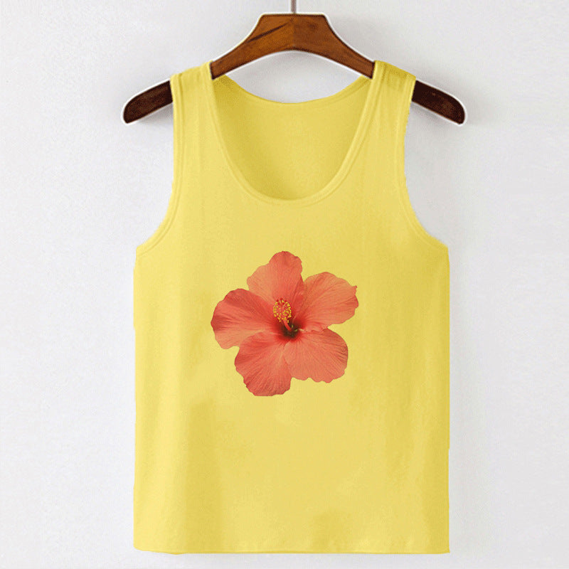 Women's Sleeveless Top with Floral Hibiscus Motif and Relaxed Fit Skjora