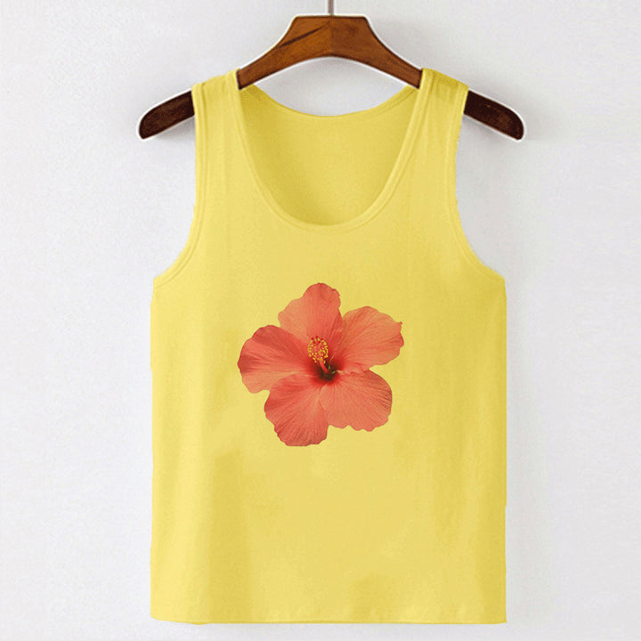 Women's Sleeveless Top with Floral Hibiscus Motif and Relaxed Fit Skjora