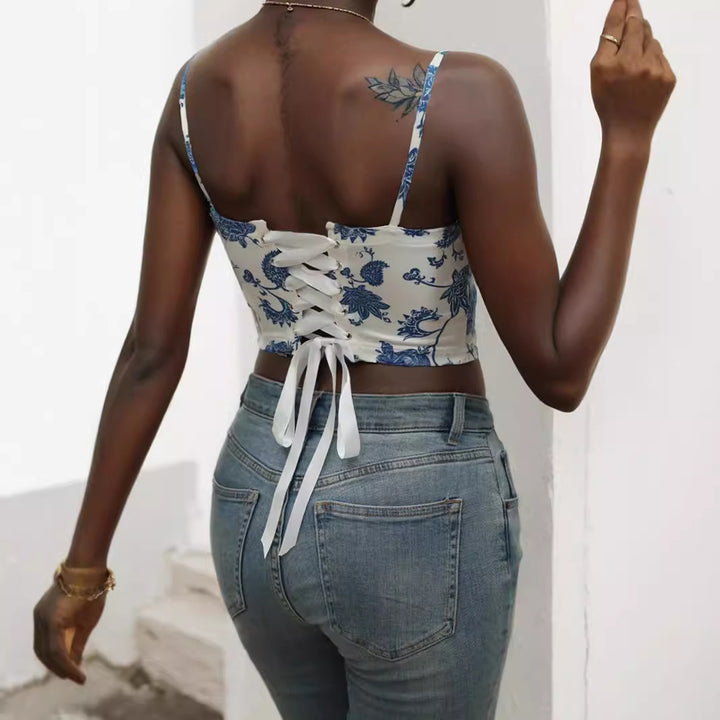 Dame blomster mønster cropped topp Skjora