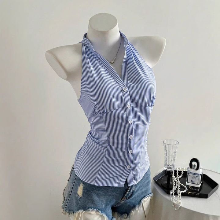 Dame halterneck-top med elegant stripemønster Skjora