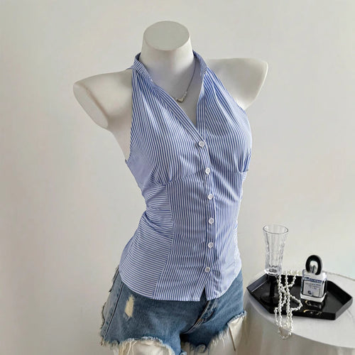 Dame halterneck-top med elegant stripemønster Skjora