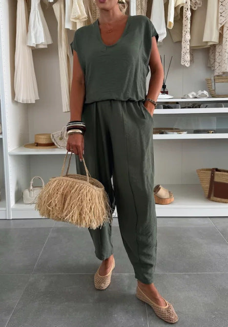 Dame Casual Jumpsuit med Elastisk Midjebånd og Lommer Skjora