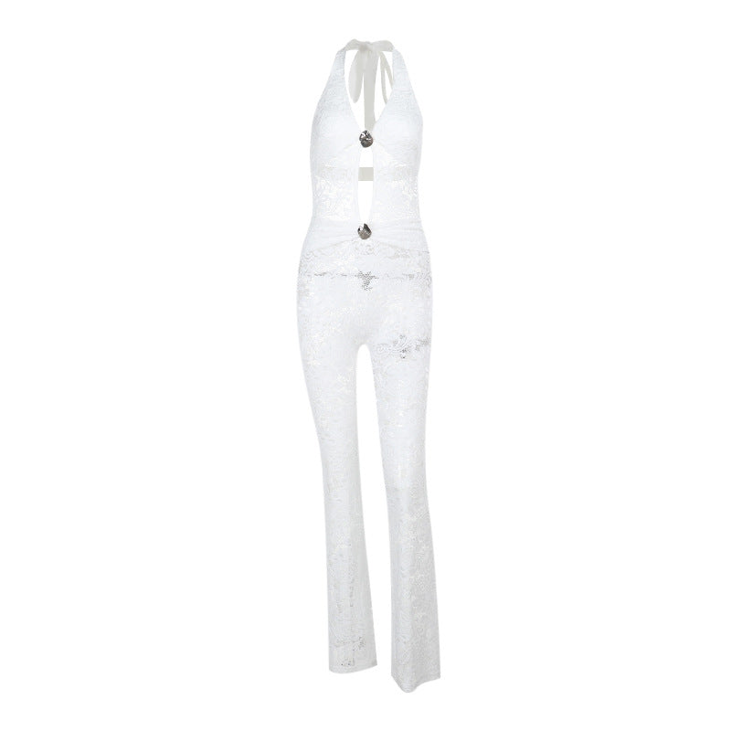 Dame elegant jumpsuit med stilige snøringer og transparent lacedesign Skjora