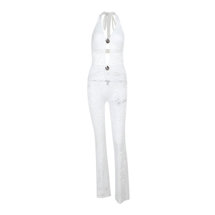 Dame elegant jumpsuit med stilige snøringer og transparent lacedesign Skjora