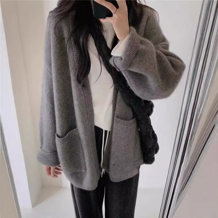 Damer Cozy Strikket Cardigan med Dyp V-Hals og Lommer