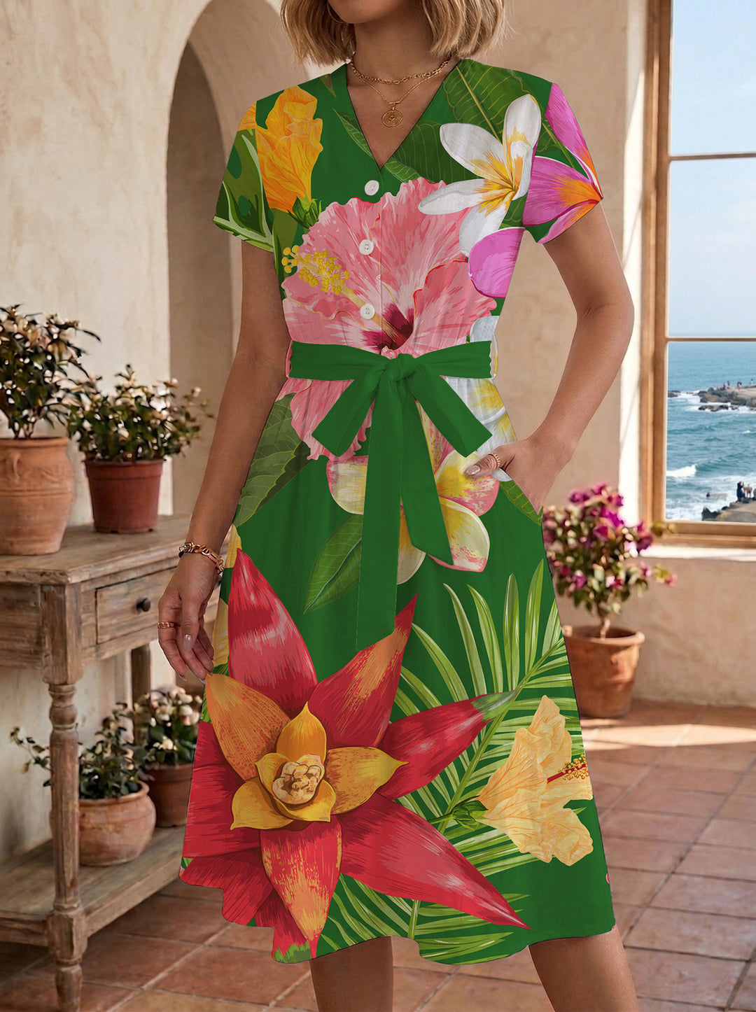 Damen Midikleid mit floralem Motiv und Taillengürtel Skjora