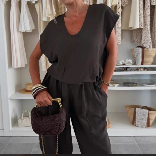 Dame Casual Jumpsuit med Elastisk Midjebånd og Lommer Skjora