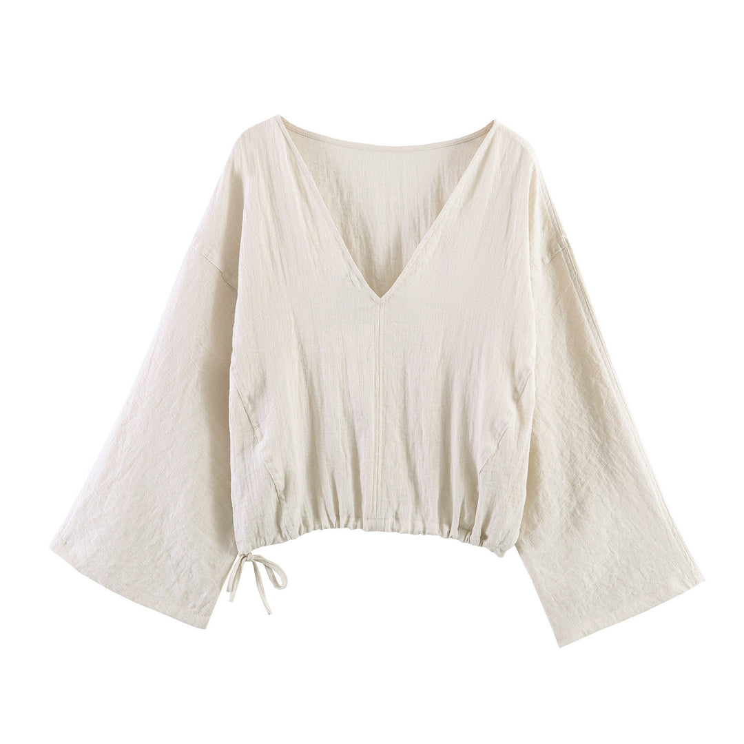 Damer casual bluse med vid V-hals og elastisk kant Skjora