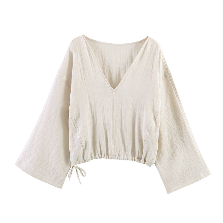 Damer casual bluse med vid V-hals og elastisk kant Skjora