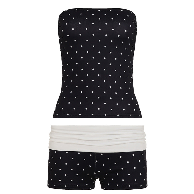 Damer Bandeau-badedrakt med prikkemønster og shorts Skjora