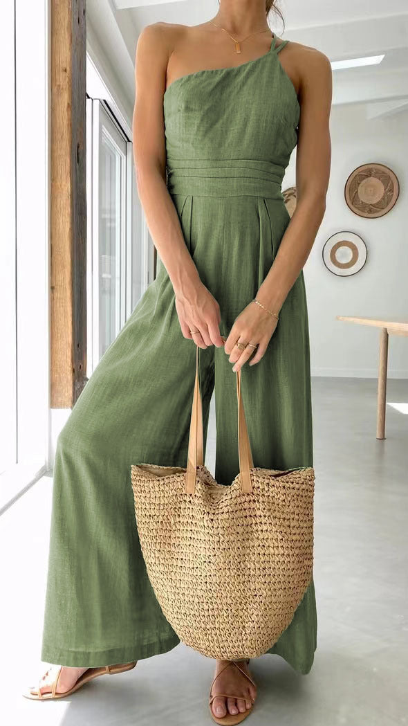 Dame jumpsuit i moderne omslagdesign med bred ben og av-shoulder cut