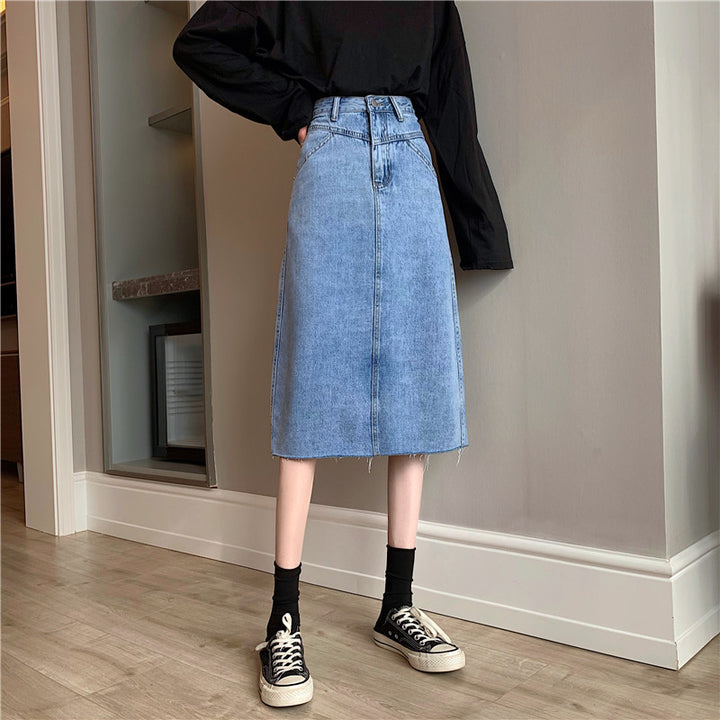 Damer Midi Denim skjørt med ujevn kant Skjora